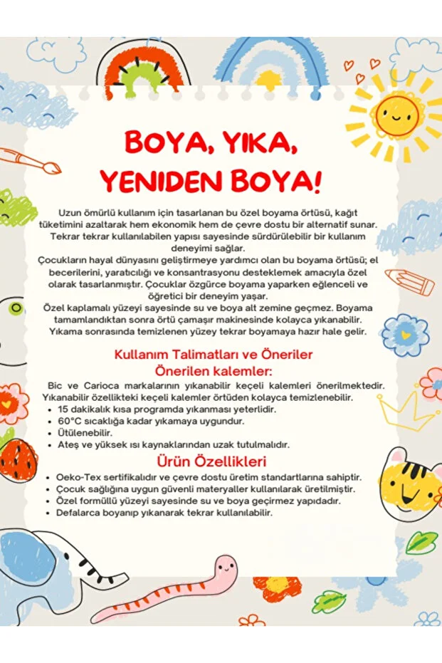 Su Geçirmez Yıkanabilir Boyama Halısı 100x140cm Tekrar Kullanılabilir Eğitici Çocuk Boyama Matı